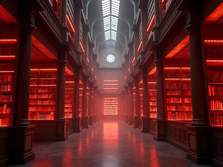 An empty and well-shaded library ,  with red tints in several parts