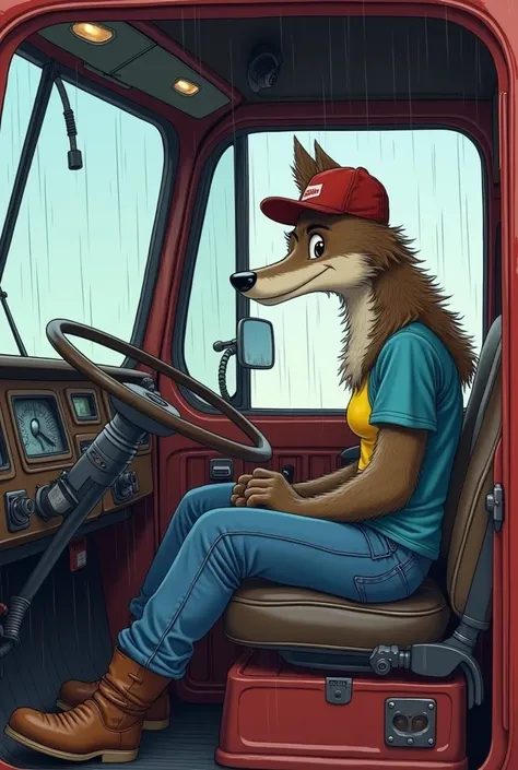 Cartoon drawing furry coyote wearing boots, jeans, blue t-shirt and a cap in the driver seat and a furry female snow wolf wearing boots, jeans, yellow tank top and a cap in the passenger seat of a 1976 kenworth w900 driving down a rainy highway from a outs...