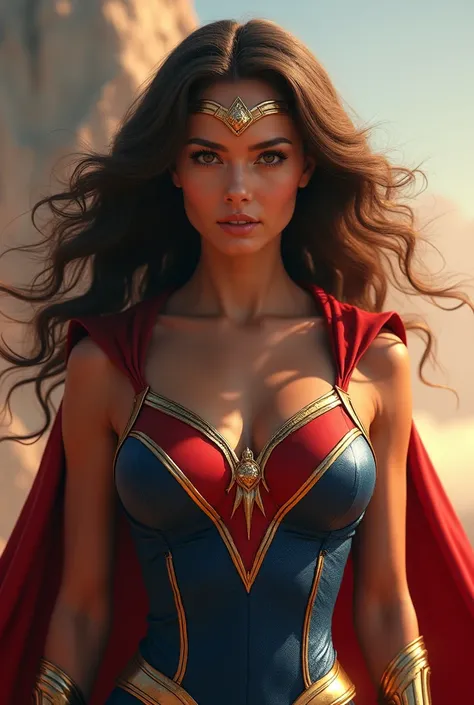 a beautiful and powerful woman in a red and blue costume with gold accessories, long curled hair, an awe-inspiring expression, dynamic pose, muscular physique, cinematic lighting, detailed facial features, epic fantasy landscape background, (best quality,4...