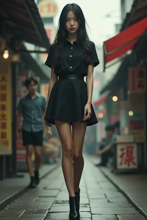 Young Korean Girl,   Extremely Detailed Giants Shots,  extreme low angle shot , Dynamic low angle shot, Low Perspective, A cold smile,  looking at you ,  short skirt,  high heels, Ultra-realistic, masterpiece,  best quality, 8k,  film grain,  fuji film XT3...