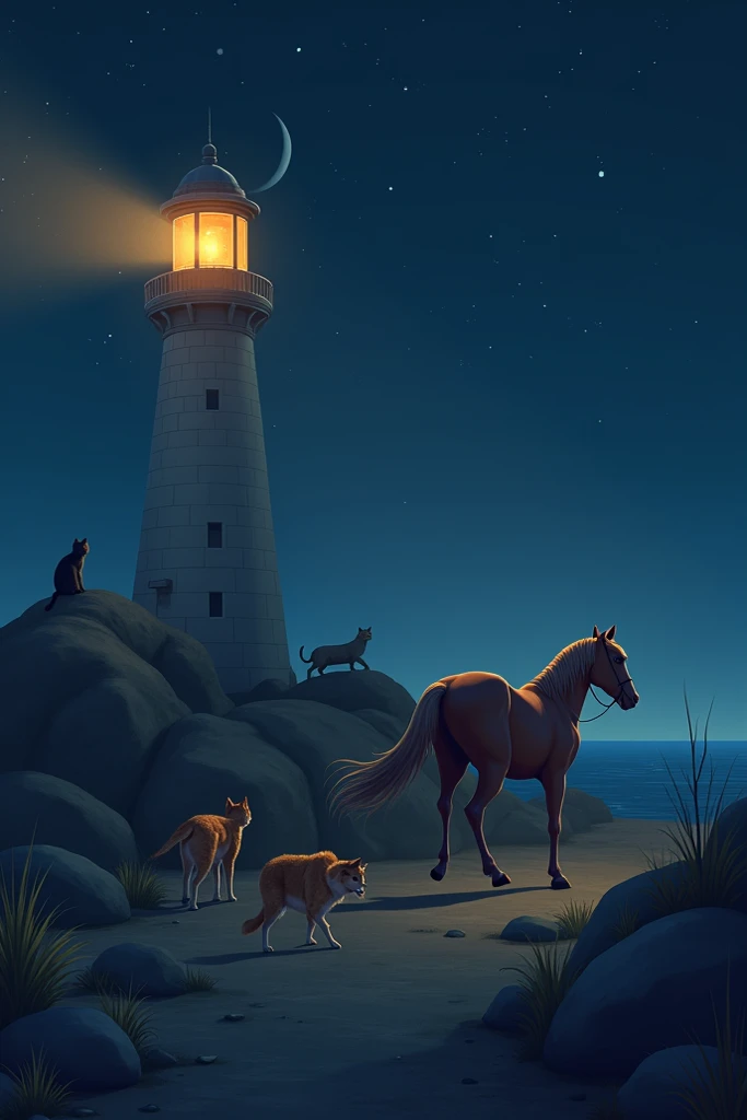 Phare de nuit avec deux chats, un chien, un cheval allant vers ce phare 