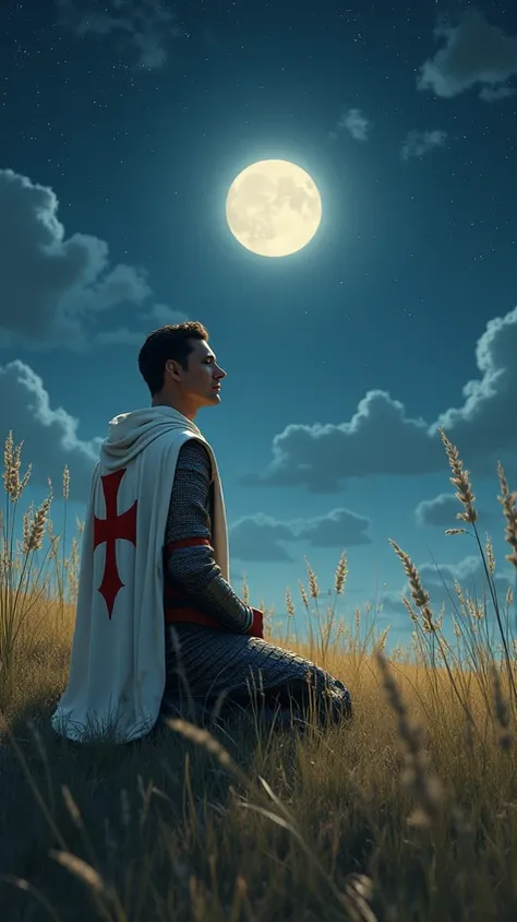 Knight Templar praying in a field at night.