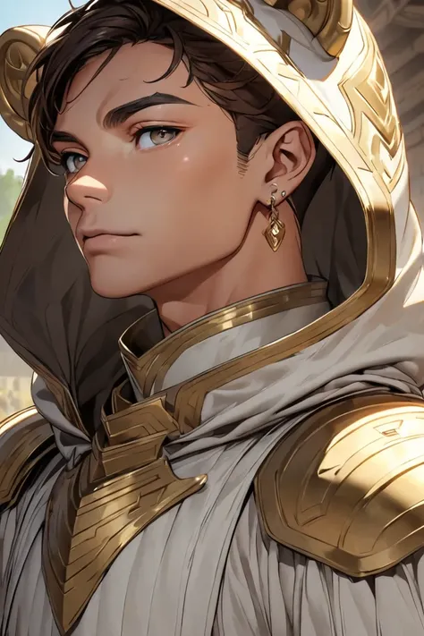 Light-skinned boy with golden eyes, with earrings on the ears and shaved and brown hair.  white leather armor with a hood and bears on their shoulders