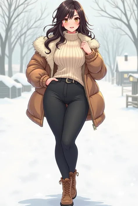 Full body Anime adult woman with sexy figure in a winter outfit, keeping the sweater but adding a winter jacket around her shoulders and winter style pants and shoes.
Cartoon art