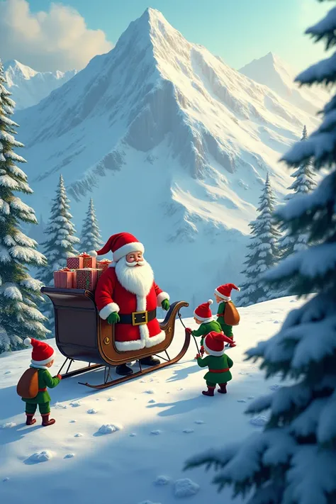 Now you can create one where Santa is on the mountain with some elves helping him to collect the presents and repairing the sleigh.