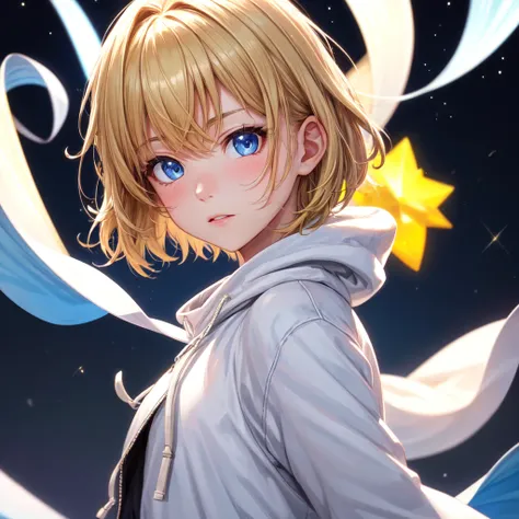 (face focus), solo, 1 boy, Short hair, blonde hair , beautiful eyes, White Hoodies ,looking at viewer, arms behind back, Shine, Side Lighting , wallpaper, night sky