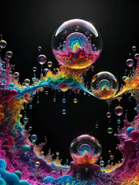 A psychedelic dream, vibrant colors shimmering, glass morphing from colors, intricate rainbow patterns, perfectly formed symmetrical spheres and glowing reflective bubbles, attention to detail on the bubbles and spheres, rainbows of color twisted in and ou...