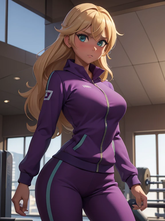 (masterpiece:1.2), best quality, high resolution, unity 8k wallpaper, (illustration:0.8), 1girl, solo, a woman in her mid-thirties, green eyes, blonde hair, tan-olive skin, medium breasts, wearing a purple tracksuit, and whisle, shes a gym coach
