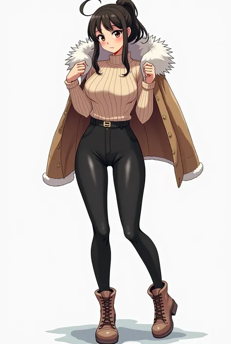 Full body Anime adult woman with sexy figure in a winter outfit, keeping the sweater but adding a winter jacket around her shoulders and winter style pants and shoes.
Cartoon art