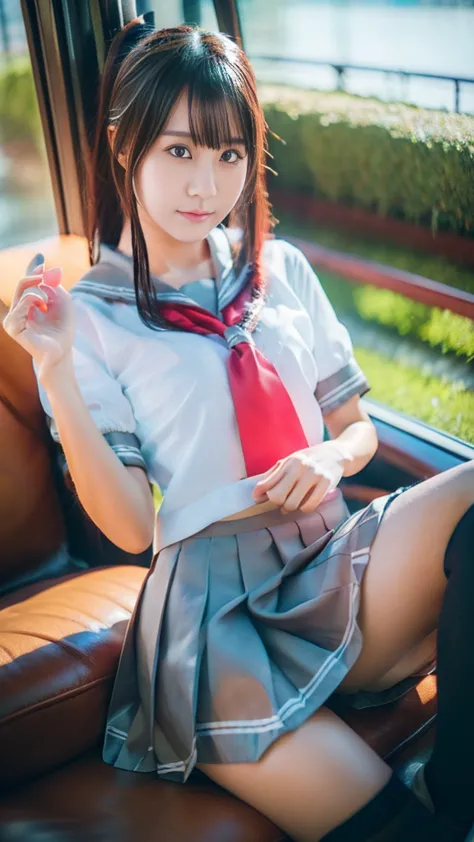 (8k), ( best quality: 1.2), (Realistic), (Realistic: 1.37),  ultra high resolution,  1 girl, cute,  closed mouth,  beautiful details , Beautiful Nose, Beautiful Hair,  pork, Thighs，Self snap, school uniform,Riding a train in Tokyo, simple blazer Pleated Sk...