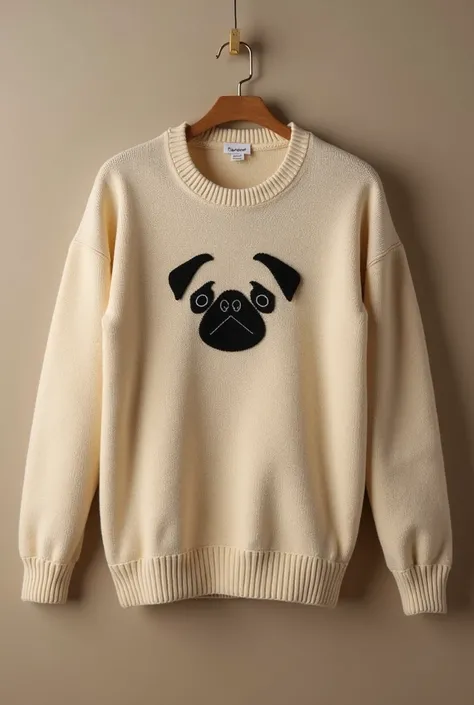 Make a sweater with a small logo on the heart part of a pug