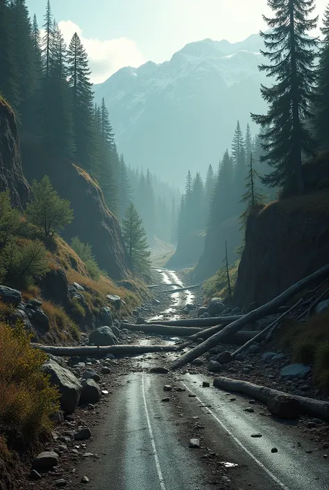  create a picture depicting the phenomenon of landslides that damage roads, some fallen trees and rocks that fell due to landslides  