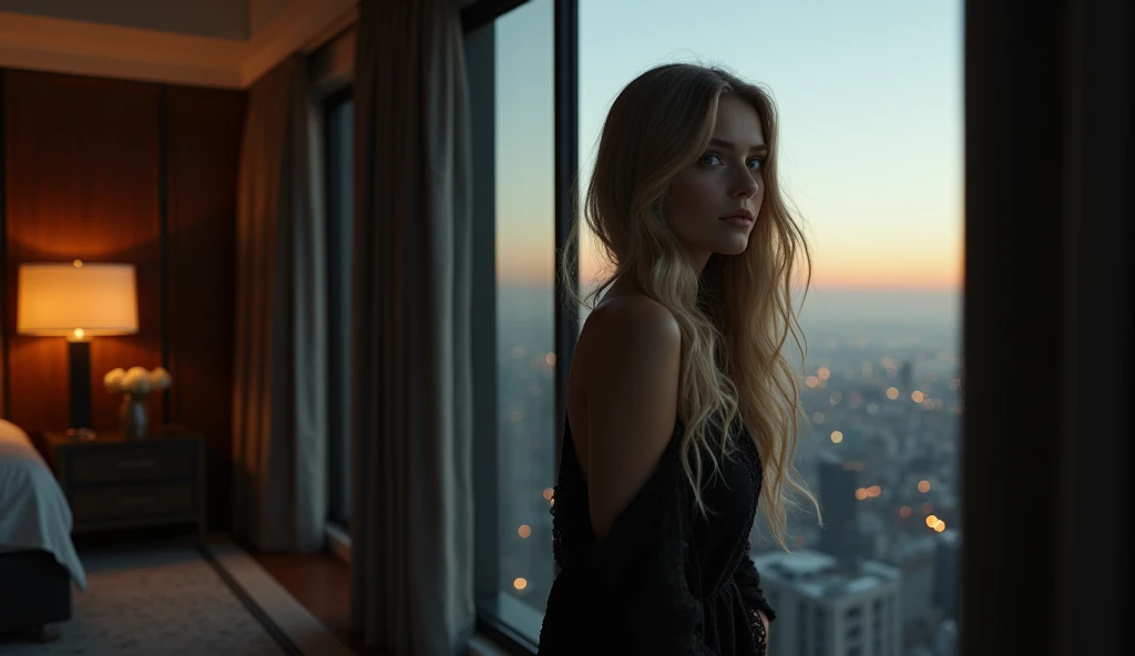 A blonde woman. She is very beautiful, she has long blonde wavy hair. She is standing. He has his forehead resting on a glass window. Setting: A large luxurious penthouse, decorated in tones of black and wood. Warm lighting