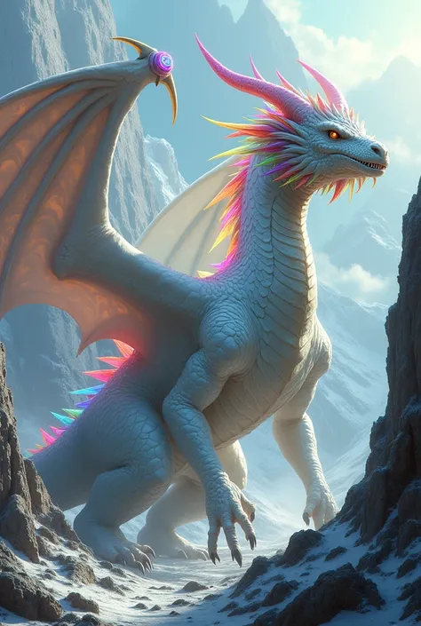 Make a brutal feudal white dragon with rainbow-colored crystals on its back for League Of Legends or Smite for League Of Legends 