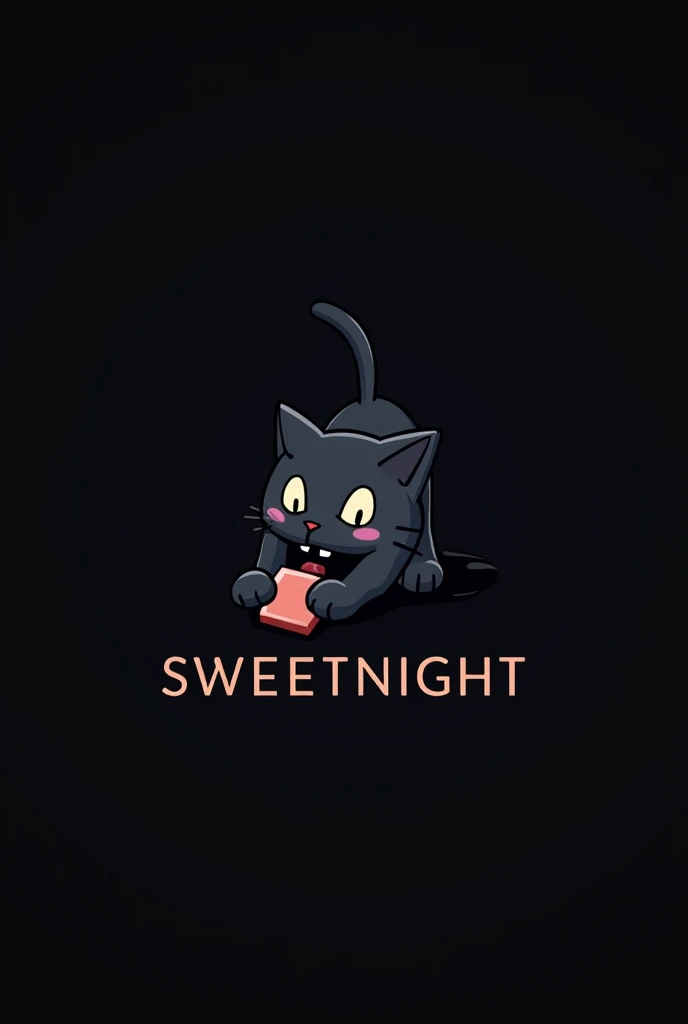 Dark tone minimal no background big logo of cat play something and the name under the logo is SweetNight 