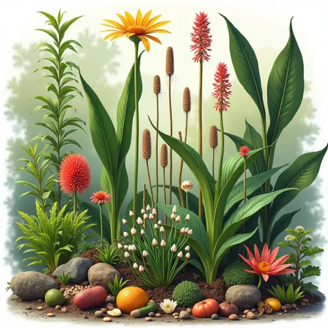 a detailed botanical illustration of regional medicinal plants, high quality, vibrant colors, realistic, photorealistic, detailed textures, studio lighting, sharp focus, intricate details, botanical accuracy, scientific precision, nature, plants, herbs, fl...