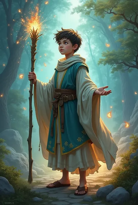 a young male Mystic Sage, with the weapon Stave of Elemental Power, and have Elemental Mastery powers. he is a wise and knowledgeable spellcaster who excels in harnessing the powers of the elements, can summon elemental forces to protect allies, control th...