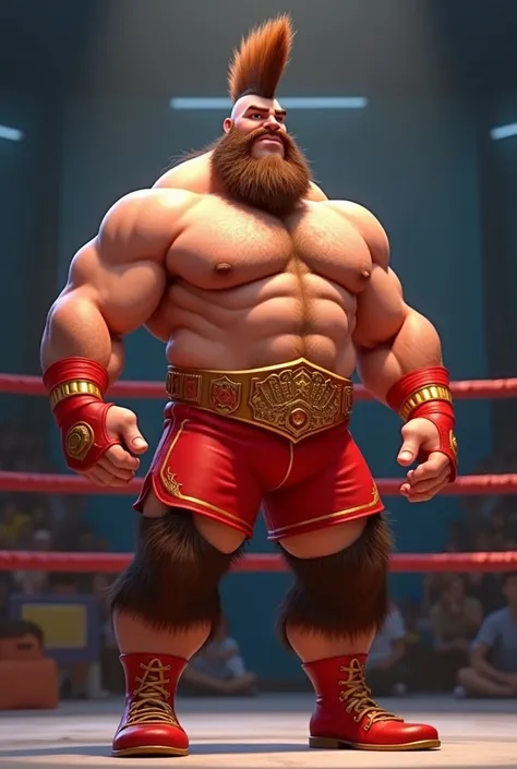 a hulking wrestler with a beard and a mohawk, chest hair on his torso and on his shins wearing simple red wrestling shorts with a gold belt, along with red and gold wristbands and his red wrestling boots with gold trim in pixar style 