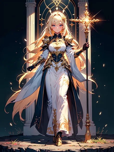 (((masterpiece, best quality, high detailed, 16k))) (1girl) A luminous woman with glowing golden armor, her hair shining like beams of sunlight. She carries a staff of pure light, and her aura radiates warmth and healing. Wherever she steps, the world brig...