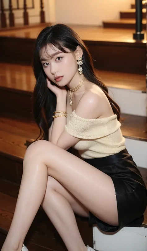   beautiful woman sitting on stairs 、 Race Off Shoulder  、(  thin black pantyhose )、  long skirt 、With slit、
  , masterpiece,  textured skin,   Ultra High Definition,   best quality, 
8k、4K、  Necklaces  、  bracelets staring at the viewer、earring
beautiful ...