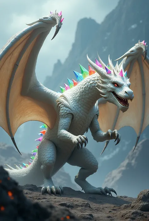 Make a brutal feudal white dragon with rainbow-colored crystals on its back for League Of Legends or Smite for League Of Legends 3d video game 