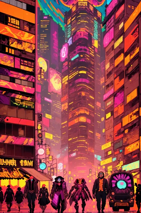  people walking through a street with lots of signs 々、detailed  Cyberpunk  illustration, Complex Abstract.  Cyberpunk , victo ngai  Cyberpunk  style, ( ( ( ( ( Dan Mumford ) ) ) ) ),  Victor Ngai and Tristan Eaton, josan gonzales and Dan Mumford,  Cyberpun...