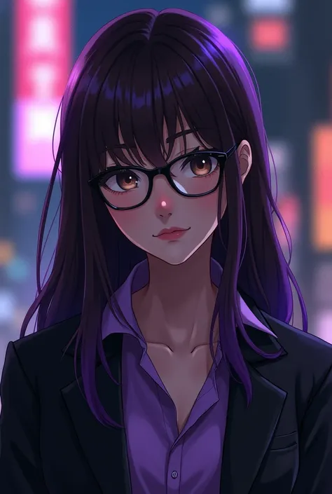 dark brown brown black skin,purple shirt,straight long brown hair,purple tips,dark brown eyes,Teenage woman,black glasses,black jacket,Model Animagine XL V3 .1,graphic,anime