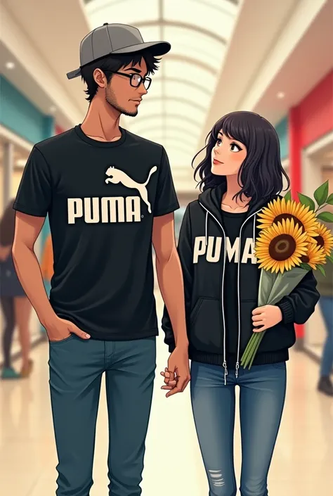  anime-style drawing of a tall boy a little dark with glasses and some beard he has a gray sports hat,  a short sleeve black shirt with letters that say puma in white and blue jeans  , His short girlfriend with makeup ,  shoulder-length hair and bangs in b...