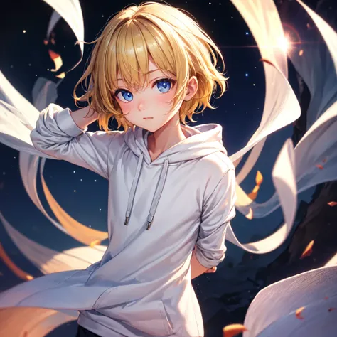 (face focus), solo, 1 boy, Short hair, blonde hair , beautiful eyes, White Hoodies ,looking at viewer, arms behind back, Shine, Side Lighting , wallpaper, night sky