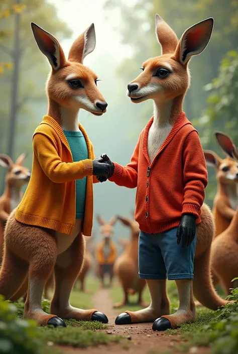 2 tall kangaroos men greeting each other shaking hands dressed in red TikTok sweater dresses red TikTok shoes TikTok pants both, And from the waist down human in the background many kangaroos a community 