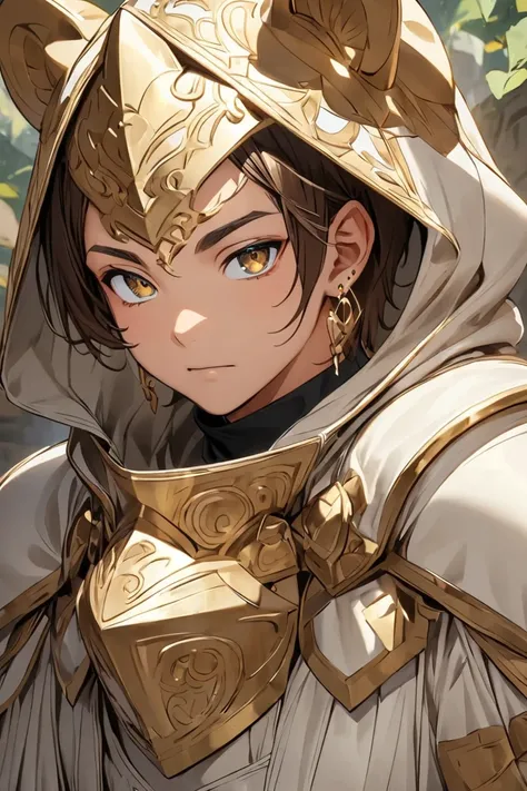 Light-skinned boy with golden eyes, with earrings on the ears and extremely short brown hair.  white leather armor with a hood and bears on their shoulders