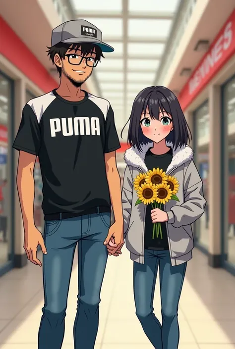  anime-style drawing of a tall boy a little dark with glasses and some beard he has a gray sports hat,  a short sleeve black shirt with letters that say puma in white and blue jeans  , His short girlfriend with makeup ,  shoulder-length hair and bangs in b...