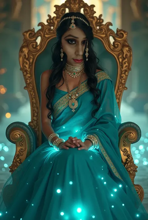 Beautifull princess wearing magnificent 
Blue royal blue glowing Magnificent saree with beautiful emeralds, neck pendant with RIYA written on it ,amazing palace  background, Masterpiece, sitting in palace on beautiful throne,amazing posture like model, att...