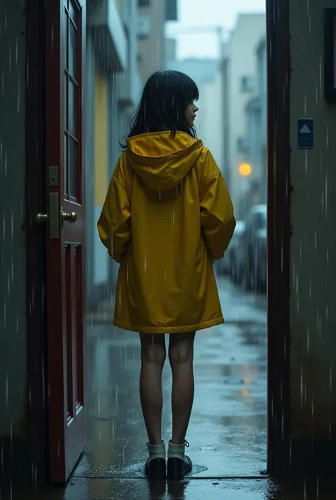 A 20 year and old girl standing in the rain at a door frame wearing a yellow anti rain jacket 