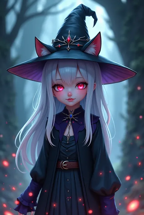  1 girl, Alone, smile,  Open Mouth , Red Eyes,  purple eyes, pointed ears, hexenhut,  white hair, Cat ears, 