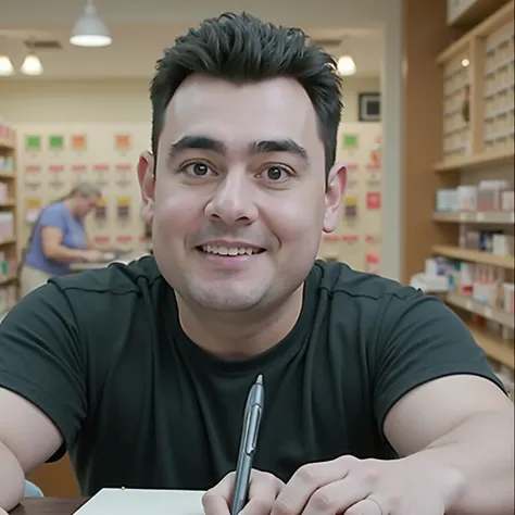 A Cashier man Wearing Blue T shirt Name GErry with Notebook and ballpen