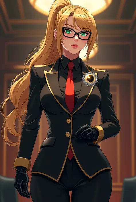  A beautiful woman with long shiny gold-blond hair , tied in a ponytail.  Her emerald green eyes are intense ,  and they seem to have an intense shine .  She wears black glasses .  She has a considerable height .  Her body has very large curves and very we...