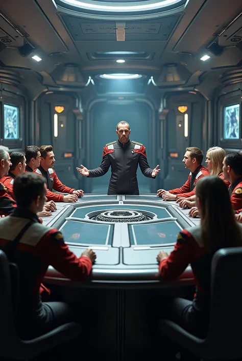  12 people seated in a meeting room of a spaceship ,  the image shows the 12 people sitting at a large round table made of metal, with captain ,  one of the 12 people standing with their hands on the table telling about a serious matter 