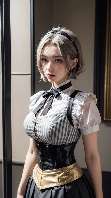  girl, Gray-haired,  Shorthair, Yellow Eyes,  small breasts, Cat Hair Accessory ,  side lock, Gray-haired,  shiny hair, uniform, ( golden eyes: 1.2), (Two long triangular extensions on the skirt, abdominal vest corset), White buttons on the best corset, ( ...