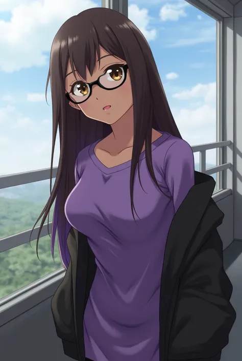 dark brown brown black skin,purple shirt,straight long brown hair,purple tips,dark brown eyes,Teenage woman,black glasses,black jacket,On a school balcony,Model Animagine XL V3 .1,graphic,anime