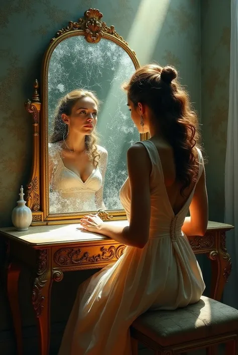 a woman dressing up at the large shattered cracked mirror dressing table, reflections, backlit, harsh overhead sunlight, detailed, highly detailed, cinematic, single ray of golden sunlight, beautiful, cgssociety, artstation, oil painting by greg rutkowski,...