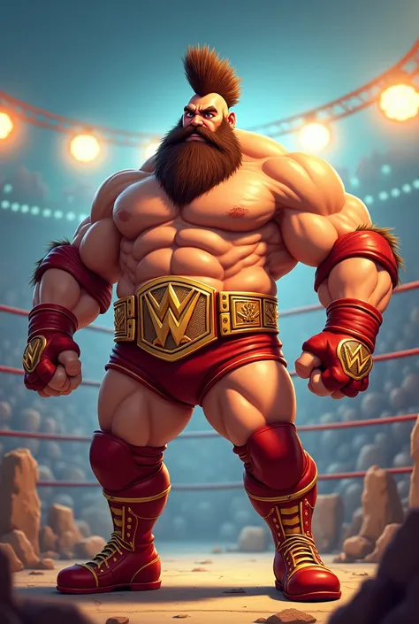 a hulking wrestler with a beard and a mohawk, chest hair on his torso and wearing simple red wrestling shorts with a gold belt, along with red and gold wristbands and his red wrestling boots with gold trim in disney style 