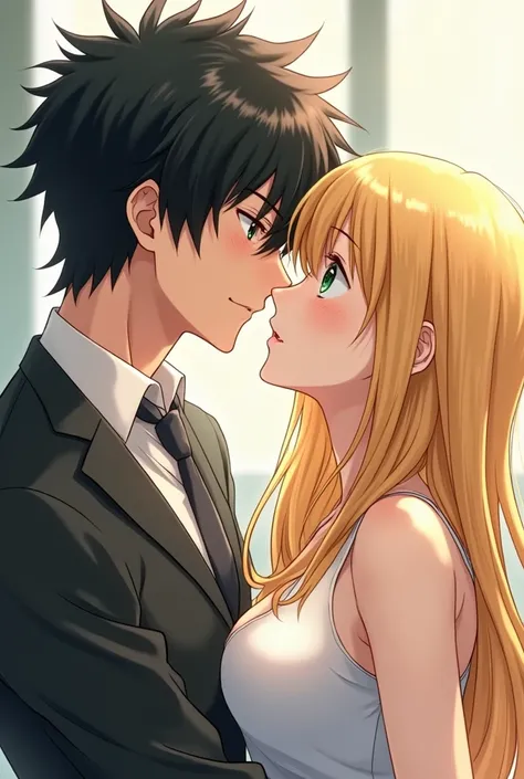  I would like .. anime.... is an adult man ... of scattered black hair  .with a roll . scattered verdagua eye ./ high..  attractive sexy boy ..  age 26 years .. without clothes ..  with a girl with very long blonde hair./.green eye .age 22 years . with a g...