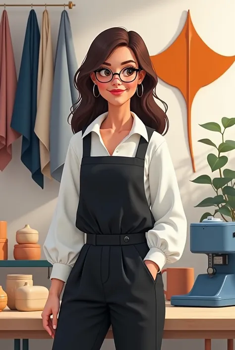 animated 25-year-old Trigueña Colombiana woman with thin lenses and dark brown hair graphic designer dressed in pants and a black shirt with denim jacket on top, in her textile design studio with fabrics and molds , cups and thermosetting machine ,  statio...