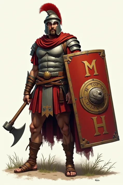 centuriao romano, without the, with short brown hair , with an axe in his right hand and a full rectangular shield in his left hand that touches the ground,  on the shield must have the letters C on the top and M on the bottom and in the center a round fig...