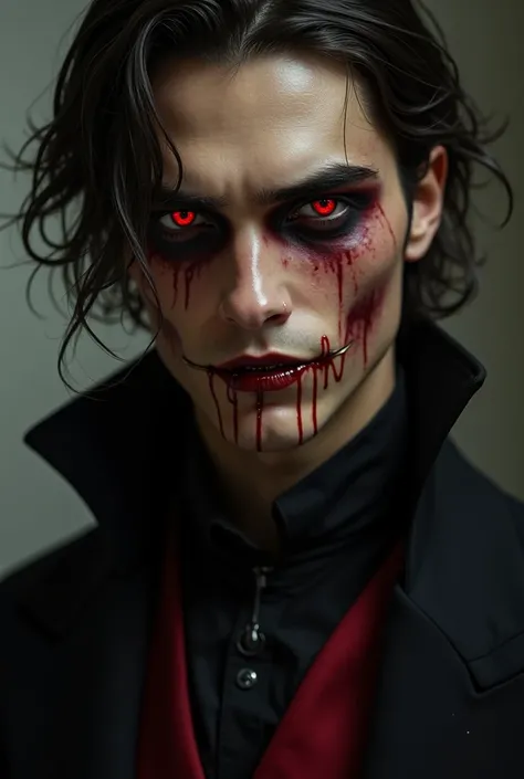 A 23-year-old male vampire with medium and dark hair, warm brown skin .  Red eyes with black pupils ,  arched eyebrows.  Black veins visible in dark circles ,  giving an air of mystery .  Thin and seductive lips ,  with blood oozing from sharp fangs and li...