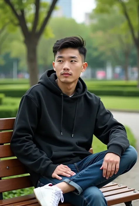  A handsome 22-year-old man , short haired, ethnic Chinese wearing a black hoodie , wearing jeans ,  using white sneakers
You seem to be relaxing in a city park.,  clear realistic photo of 8k resolution 