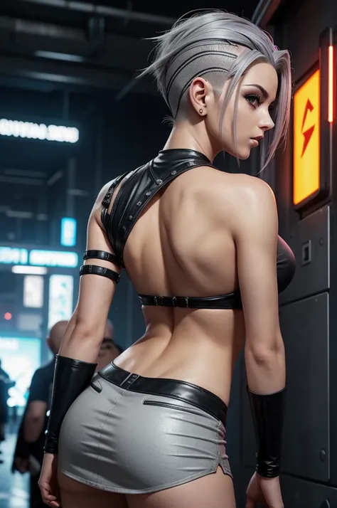 DBZ number 18 gray hair shaved on the side of the head from the back looking sideways cyberpunk clothing dressed in a mini skirt showing the buttocks. ultra realistic futuristic art .