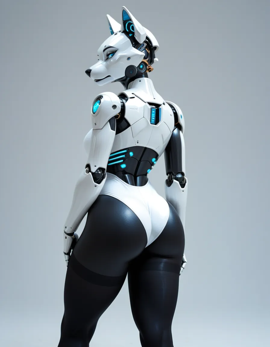 furry wolf female,(seductive:1.3), bright blue eyes ,robot body ,erotic, thick ass,  in a white swimsuit black tights,