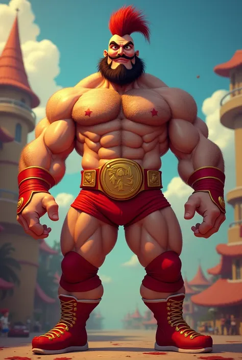 a hulking wrestler with a beard and a mohawk, chest hair and wearing simple red wrestling shorts with a gold belt, along with red and gold wristbands and his red wrestling boots with gold trim in disney style 